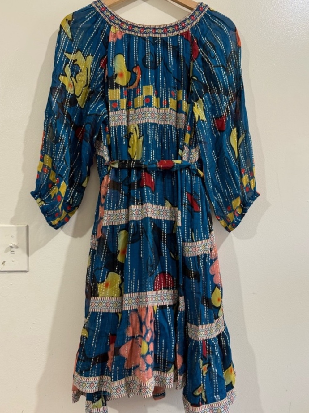 Blue Floral-Print Midi Dress with Self-Tie Waist